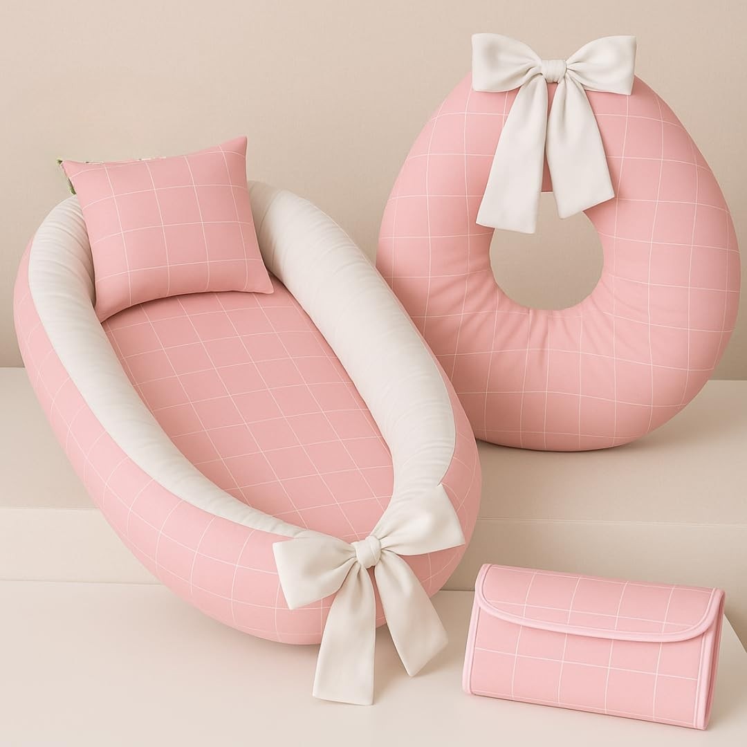 Kit Baby Premium com Almofada de Amamentação, Ninho Redutor e Trocador Portátil Estampado Xadrez Rosa