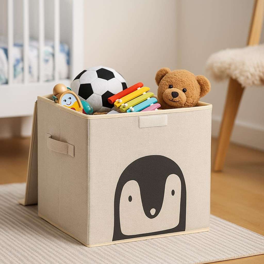 Caixa Organizadora Infantil com Tampa em Linho - Design Animal Box da Oky's (Pinguim)