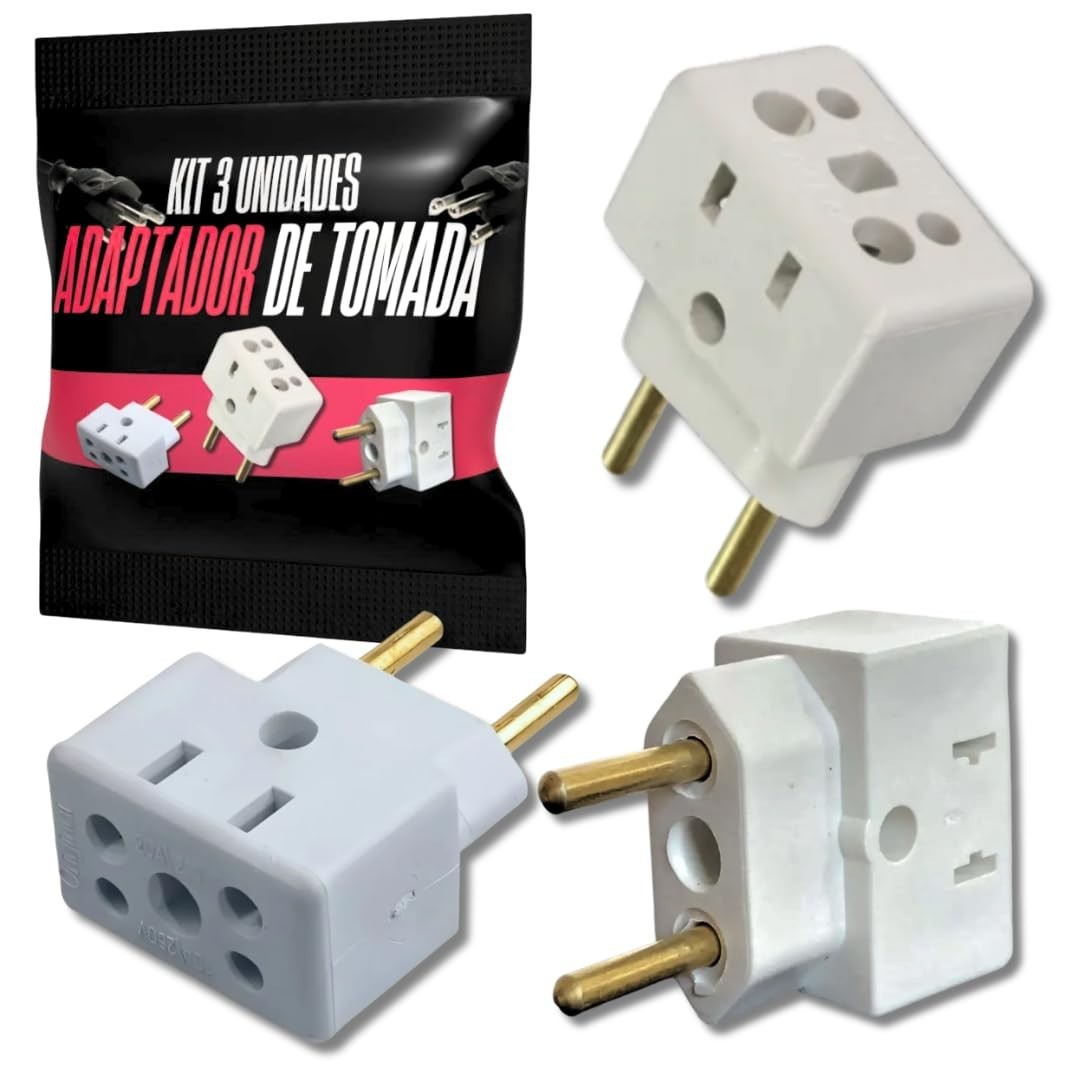 Kit 3 Adaptadores de Tomada 20A/10A Benjamin Bivolt - Compatível Padrão Antigo/Novo