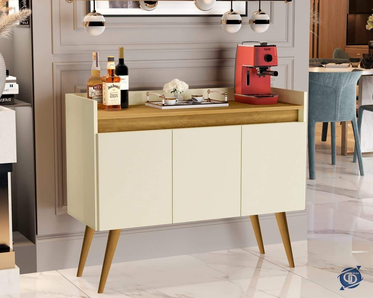 Aparador Buffet Canadá 3 Portas Luxo - Design Retrô Off White e Madeirado