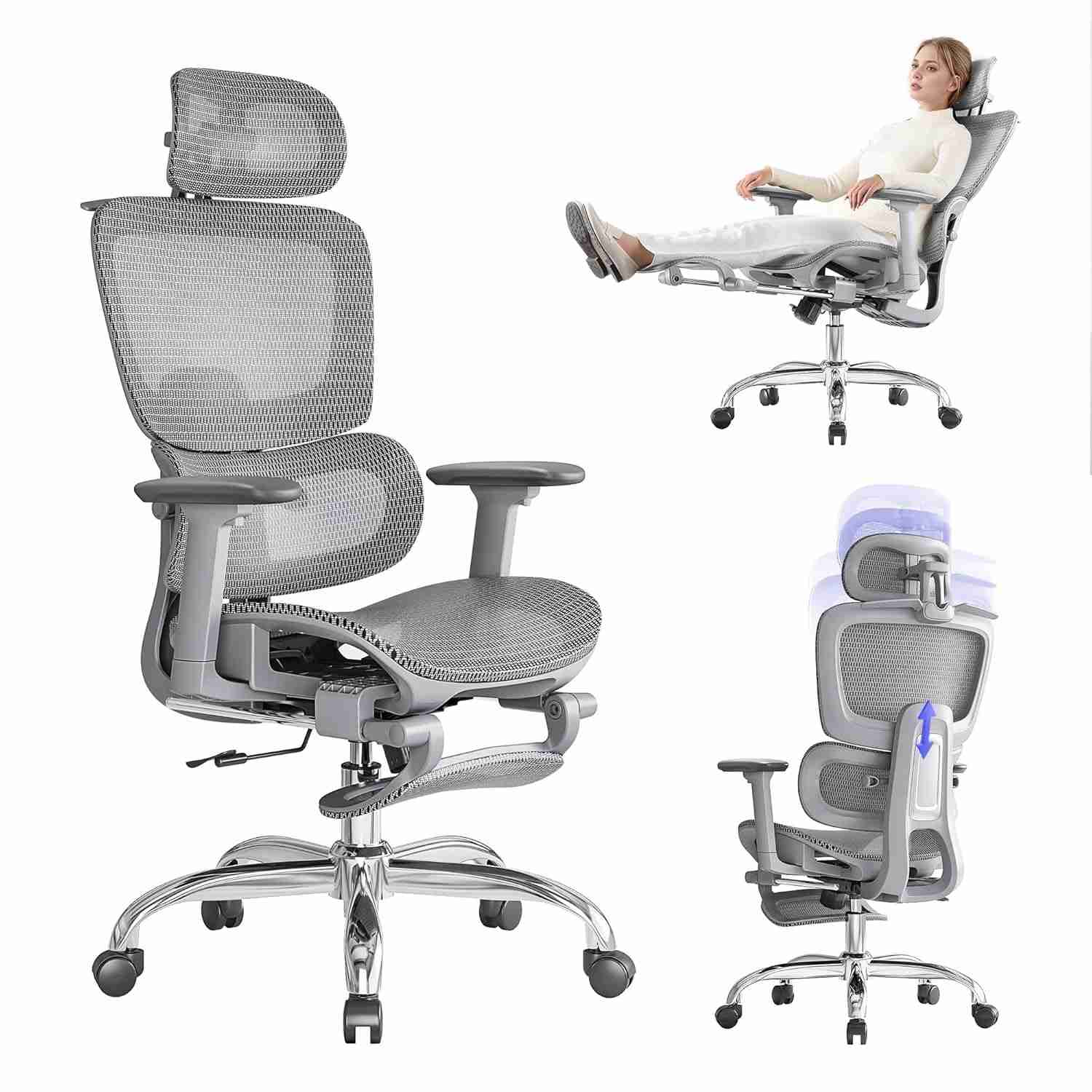 Cadeira Ergonômica com Apoio de Cabeça 3D, Encosto Ajustável e Braços 3D - Ideal para Escritório e Gaming