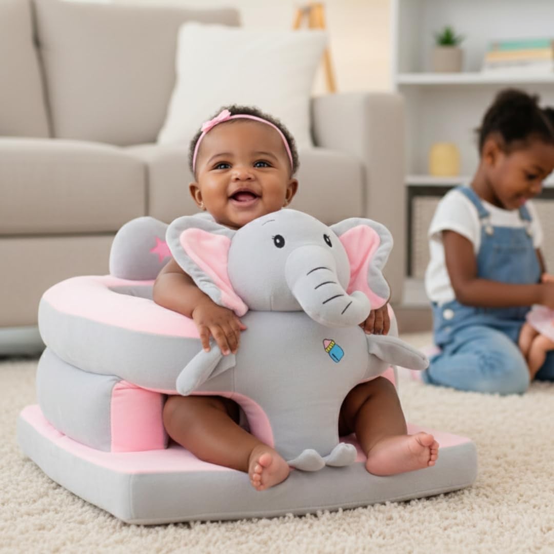 Assento Infantil de Apoio para Bebê - Elefante Rosa/Cinza | Segurança e Conforto na Postura Sentada