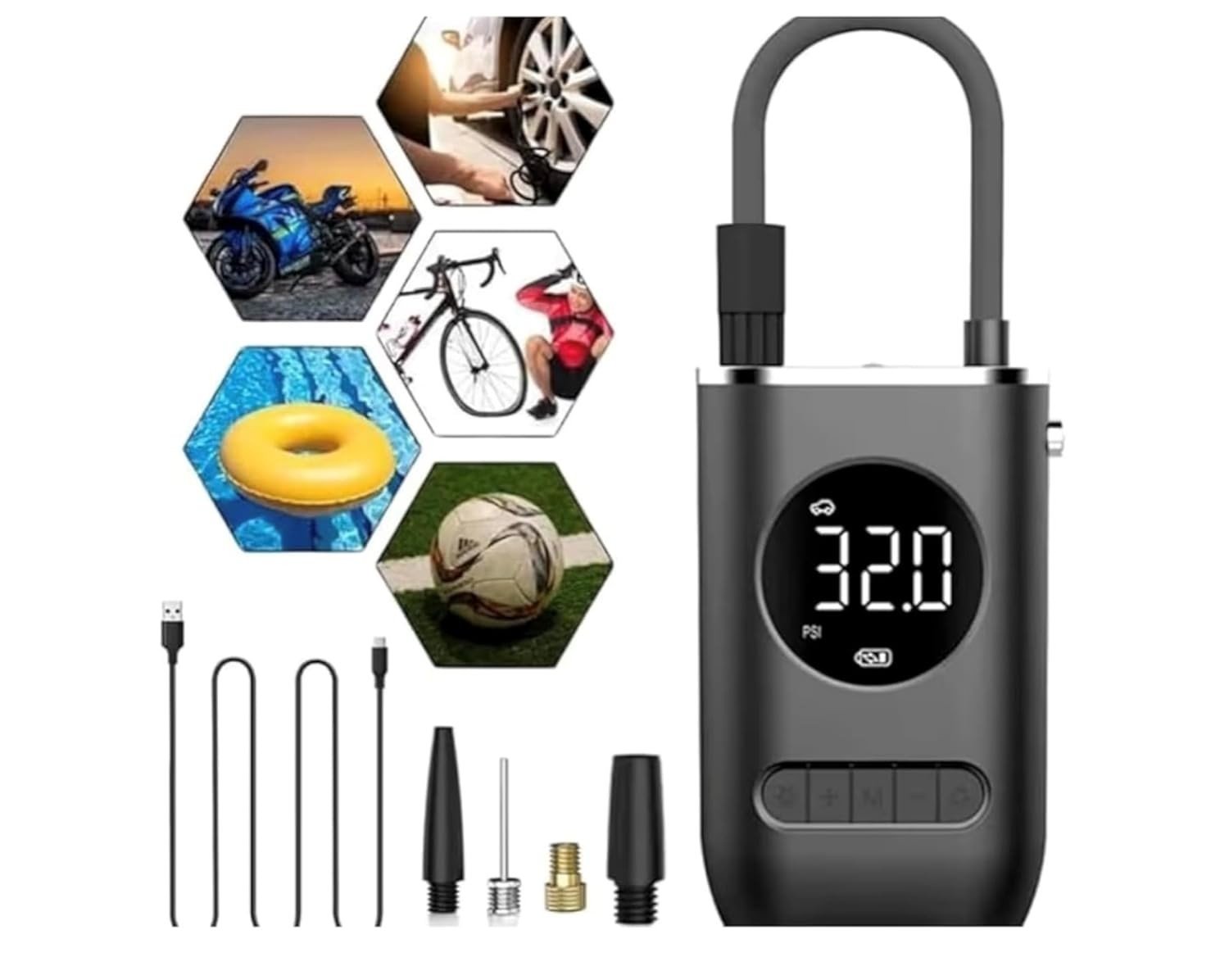 Compressor de Ar Digital Portátil: Calibrador Recarregável com Lanterna LED para Carro, Moto e Bike