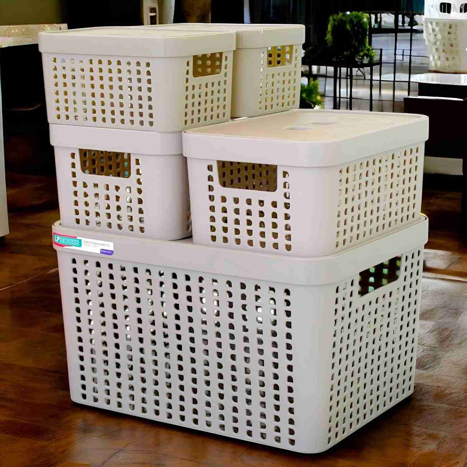 Kit 5 Caixas Organizadoras com Tampa - Plástico Resistente para Cozinha, Lavanderia e Armários (BEGE)