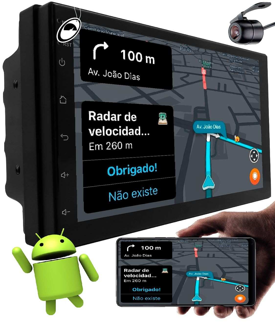Central Multimídia Android 7" Premium Plus E-Tech: 4GB RAM, 64GB Armazenamento e Câmera de Ré