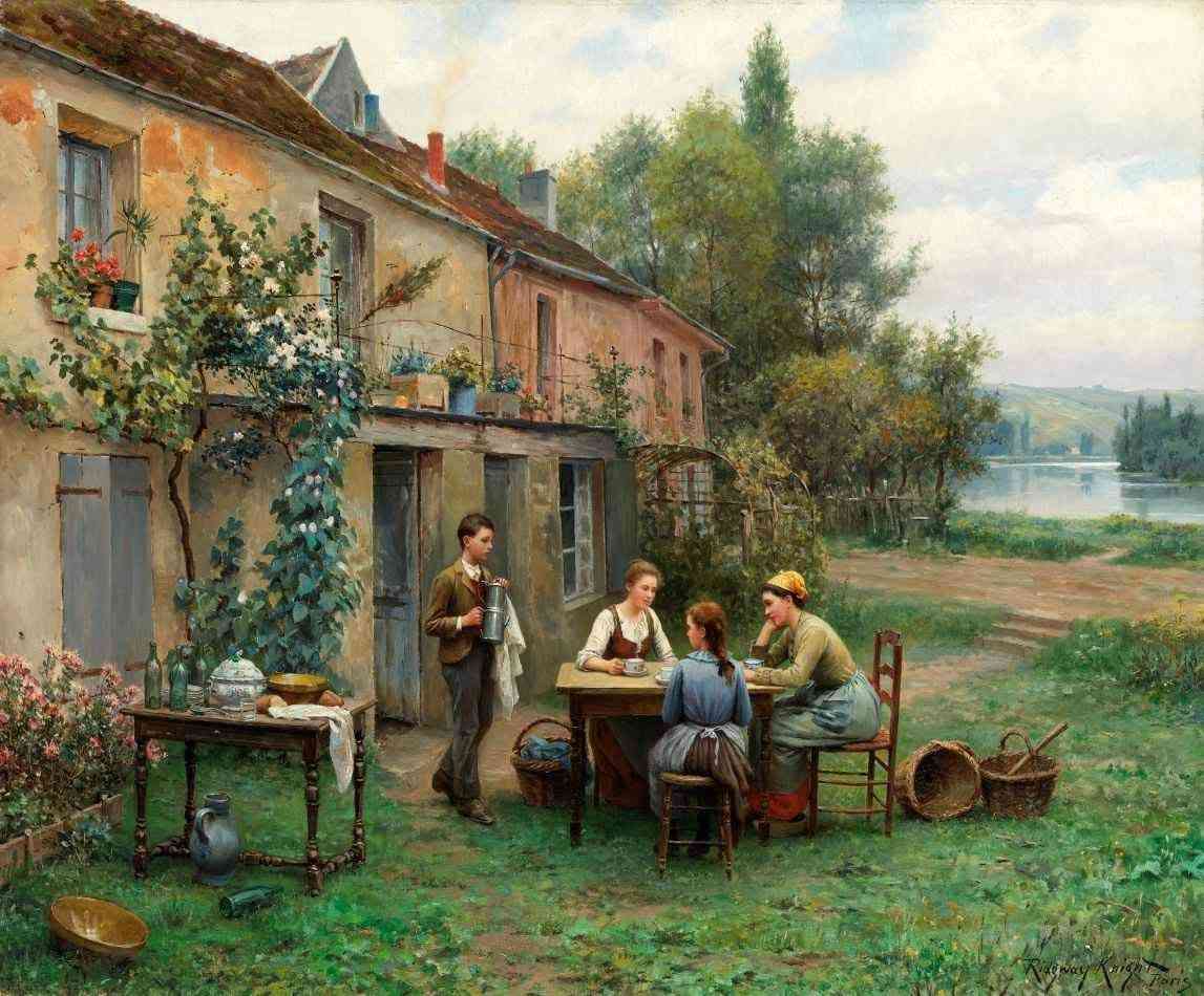 Café no Jardim de Daniel Ridgway Knight - Tela Canvas 75x90cm - Obra de Arte para Decoração Elegante