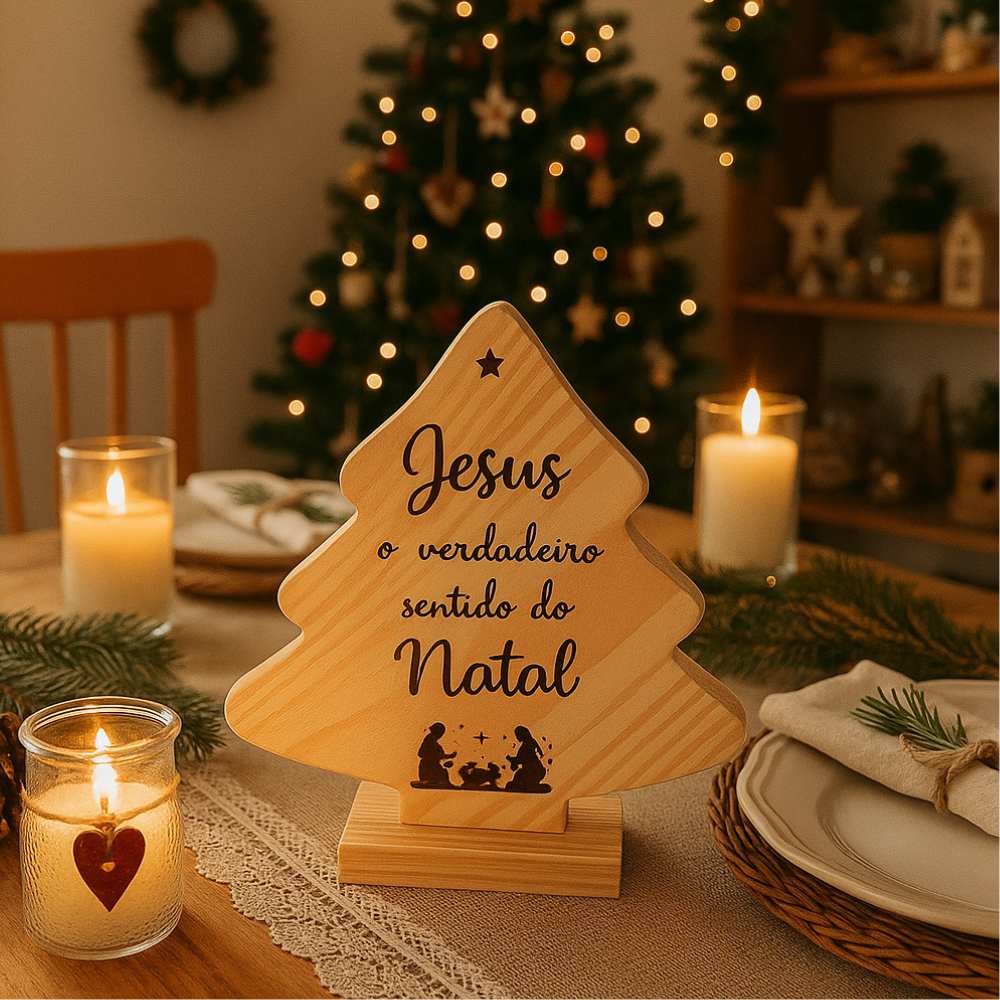 Árvore de Natal Gravada com Jesus: Decoração Cristã Única e Rústica
