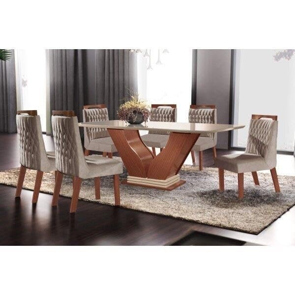 Conjunto de Sala de Jantar Safira + Atena - Mesa com Tampo de Vidro e 6 Cadeiras Modernas