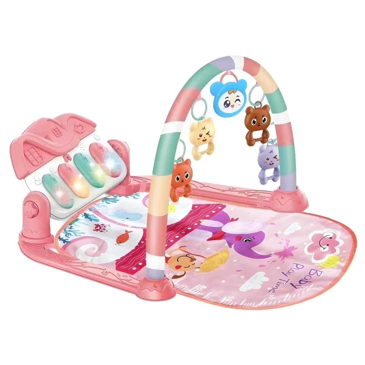 Tapete de Atividades Musical com Piano e Arco de Brinquedos Interativos para Bebê Rosa - Estimulação Sensorial e Diversão