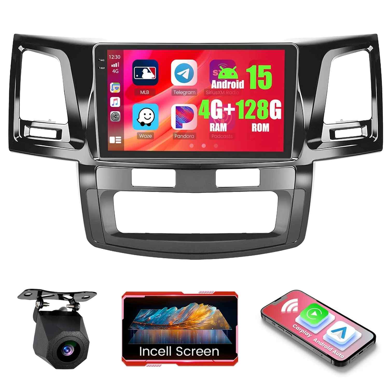 Realdio Android 15 para Toyota Hilux (2005-2014): Tela 9" 4+128GB, CarPlay/Android Auto Sem Fio, GPS e WiFi