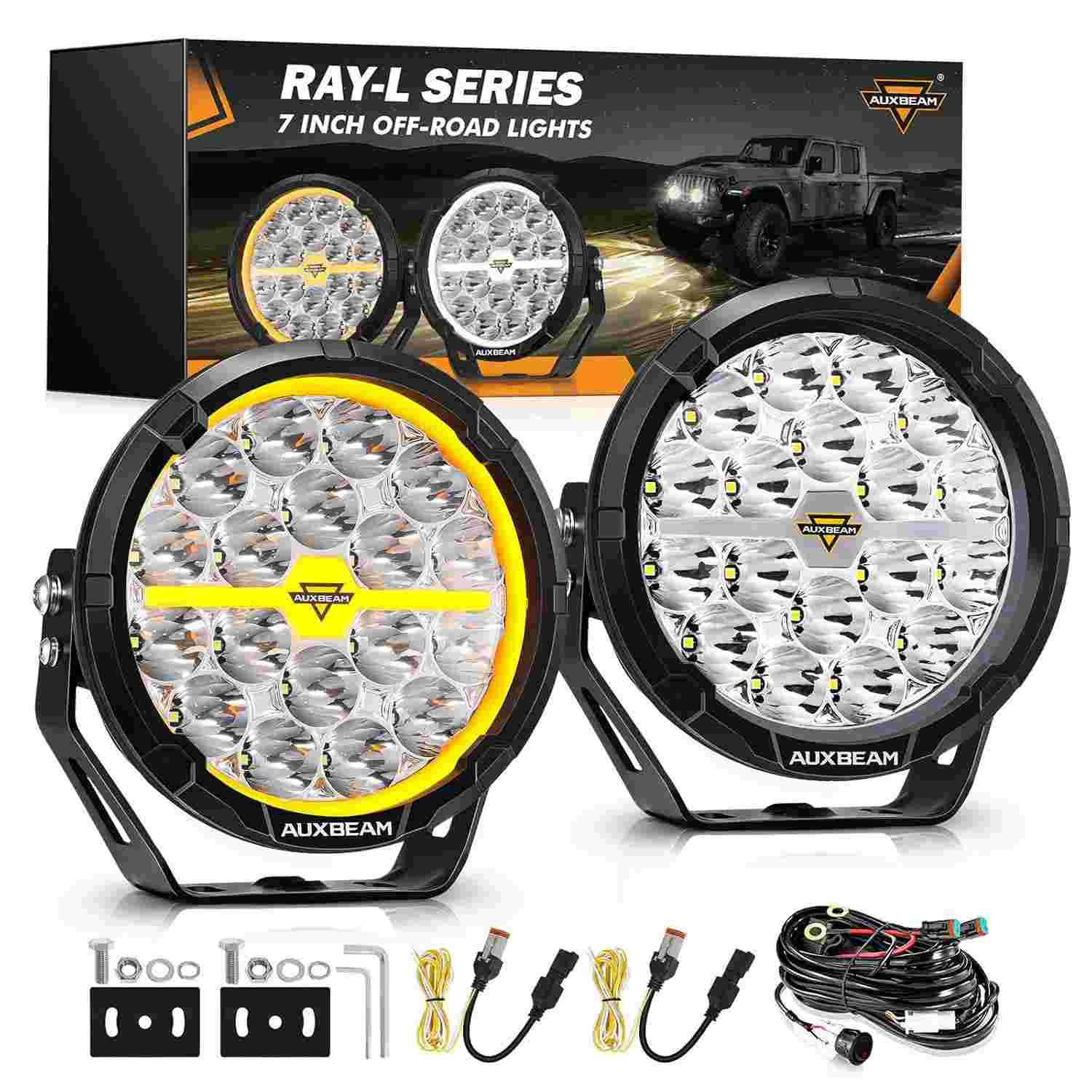 Auxbeam RAY-L: Ilumine Sua Aventura Off-Road com LEDs Redondos 17cm Branco/Âmbar 240W 25800LM