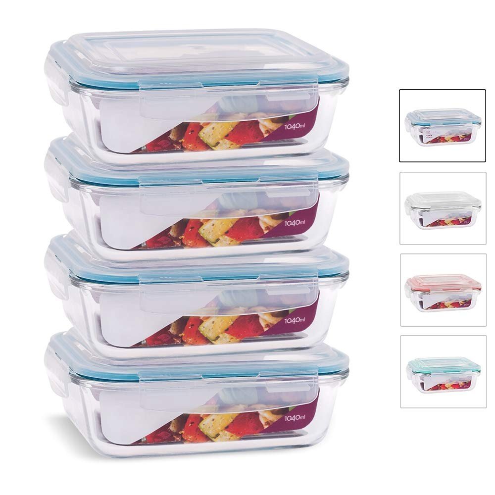 Kit 4 Potes de Vidro Retangular com Tampa Hermética 1040ml Azul - Frescor e Segurança na Cozinha