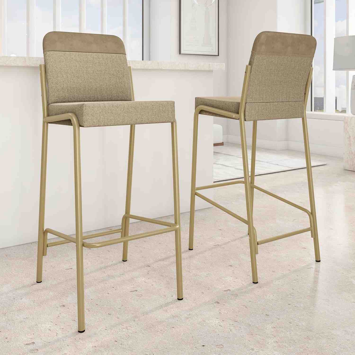 Kit 2 Banquetas Altas Modernas com Encosto Estofado - Design Bamboo e Dourado