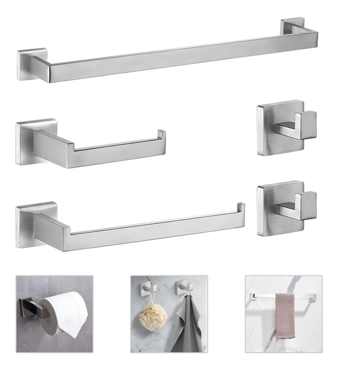 Kit Banheiro em Aço Inox Prata Fosco 5 Peças - Conjunto Completo com Barra de Toalha 60cm