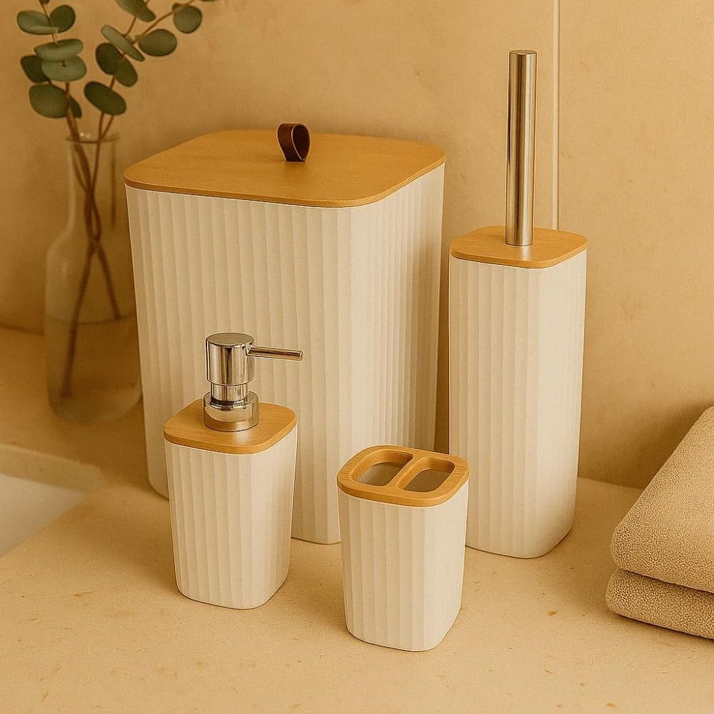 Conjunto de Banheiro Moderno 4 Peças com Tampa de Bambu - Design Elegante Preto e Branco