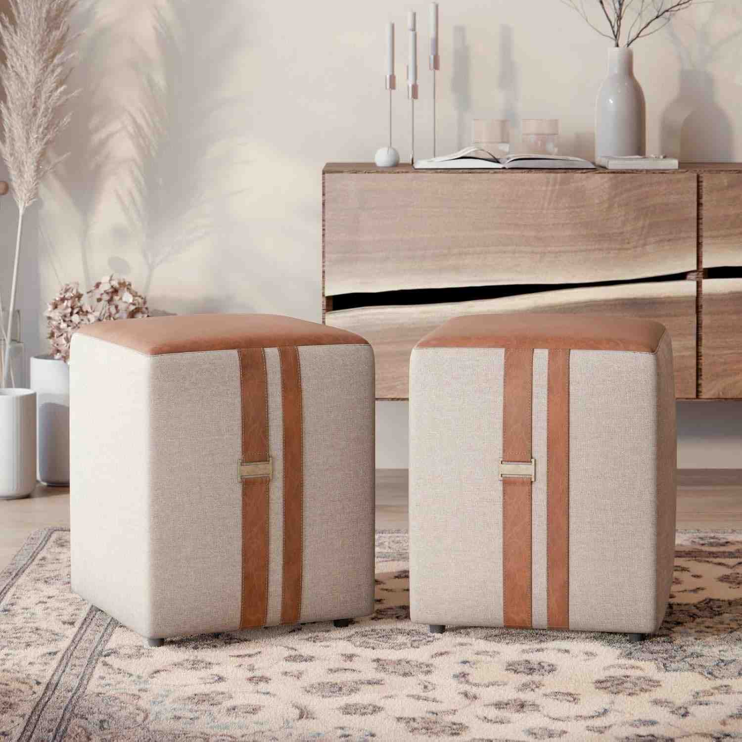 Conjunto 2 Puffs em Couro e Linho - Banqueta Confortável para Sala, Quarto ou Escritório - Design Moderno Bege