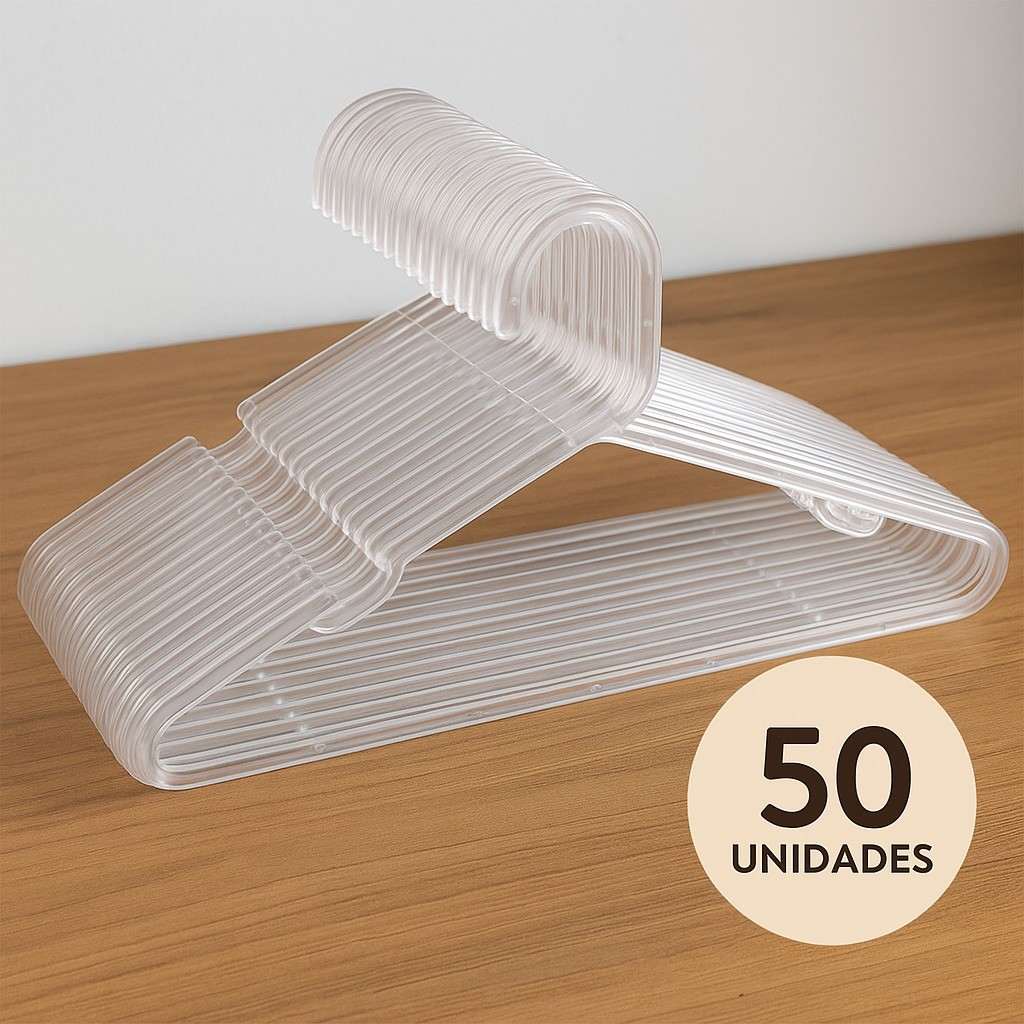 Kit 50 Cabides de Acrílico Transparente – Resistente e Barato