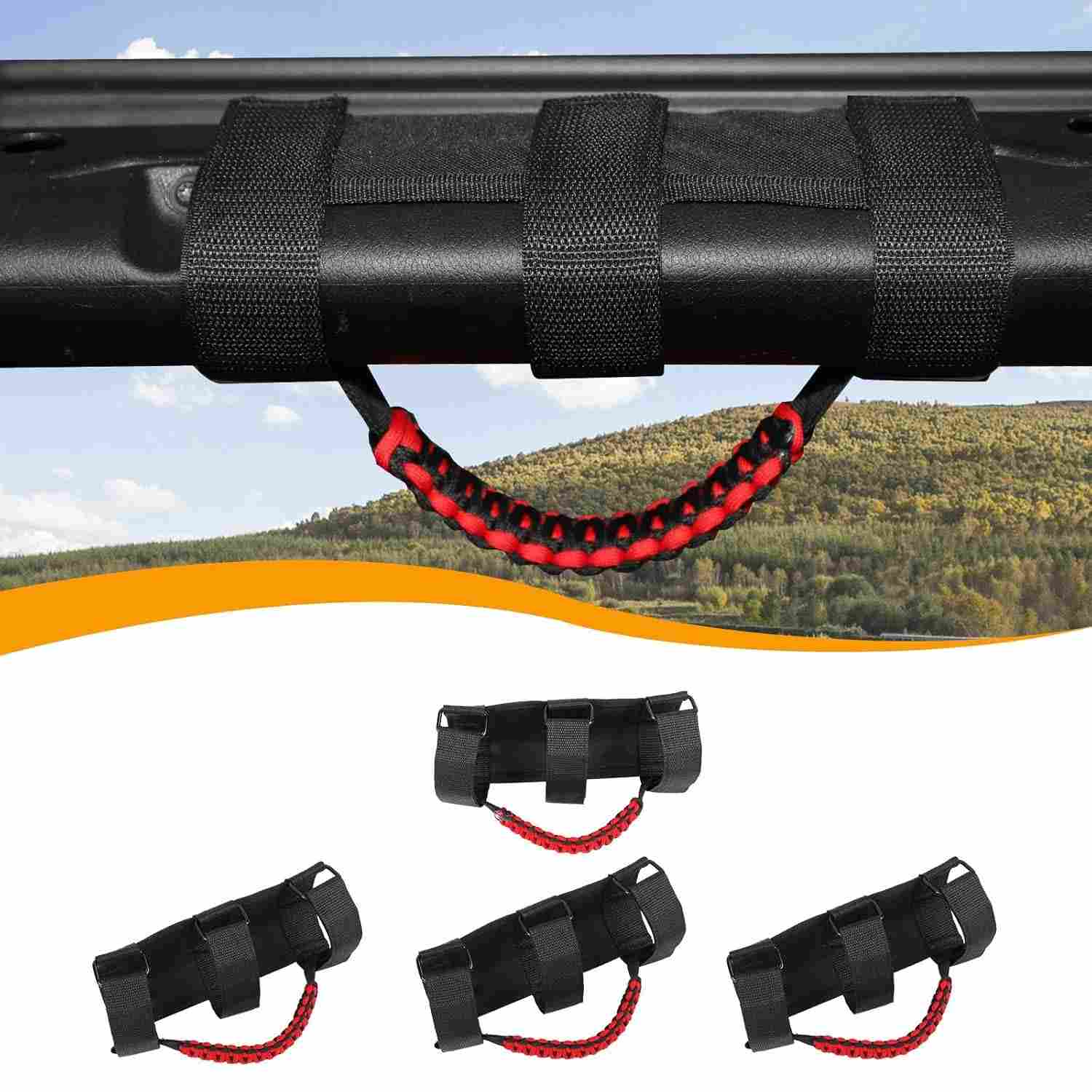 Manoplas de Barra de Rolagem Hoolcar Paracord: Acessórios Essenciais para Jeep Wrangler JK, JL, JT e Mais (Preto/Vermelho)
