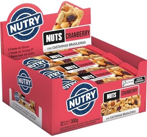 Nutry Barra de Nuts Cranberry 25g - Display Com 12 Unidades - Com Castanhas Brasileiras, Amêndoas e Fruta
