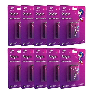 Bateria 9V Recarregável Elgin: Kit 10 Unidades