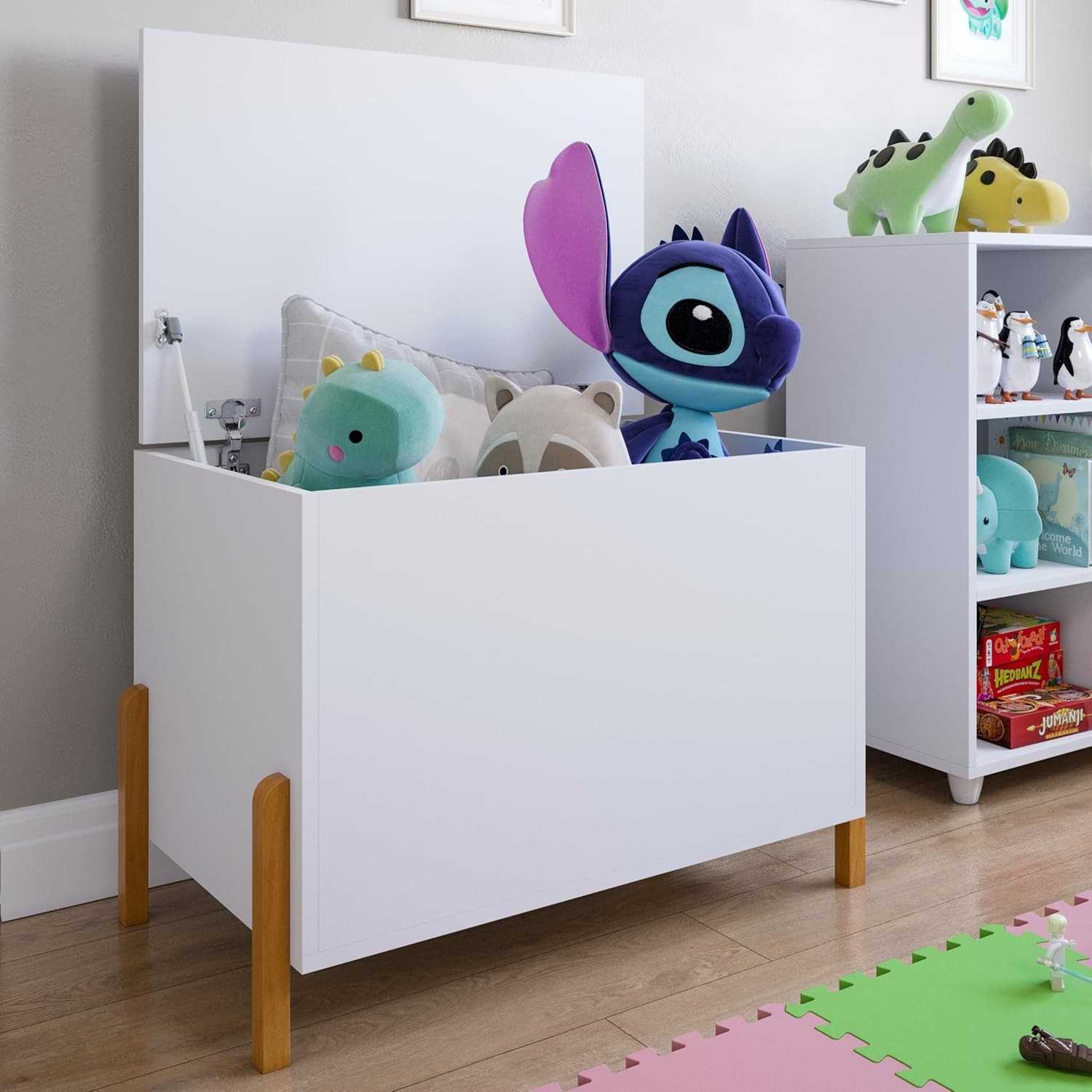 Baú Infantil Organizador de Brinquedos com Pé de Madeira Maciça Branco - Kids