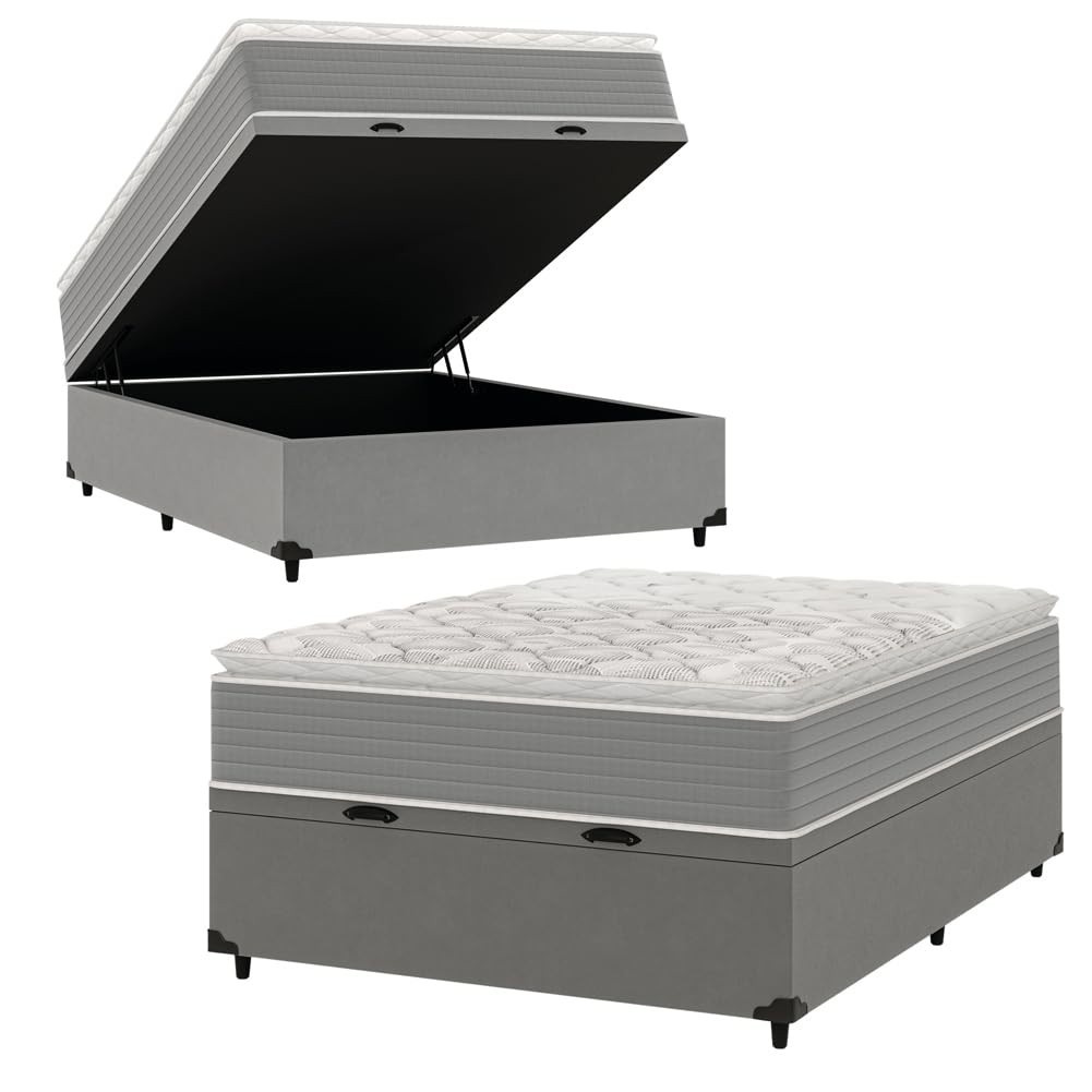 Cama Box Baú Casal com Molas Ensacadas e Pillow Top - Conforto Premium Martino Cinza