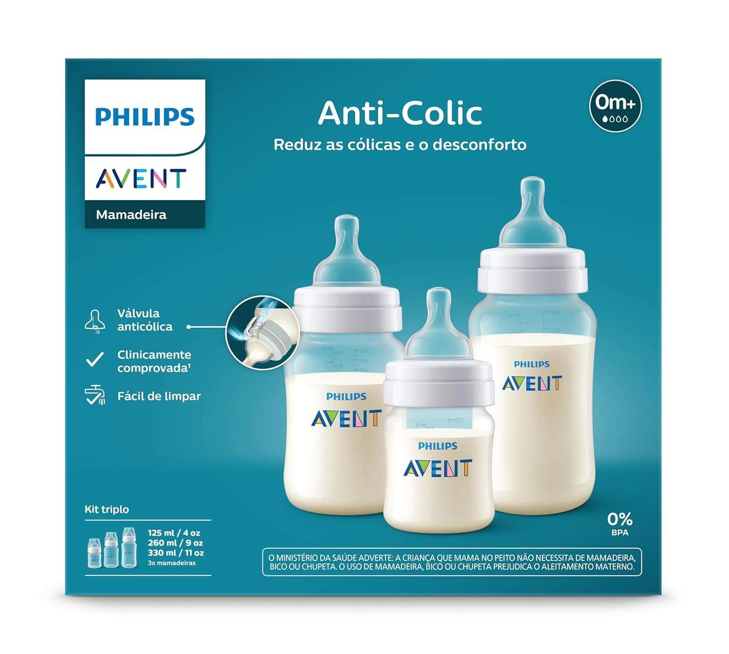 Kit Triplo Mamadeira Anti-Cólica Philips Avent 125ml + 260ml + 330ml - Conforto e Segurança para o Bebê