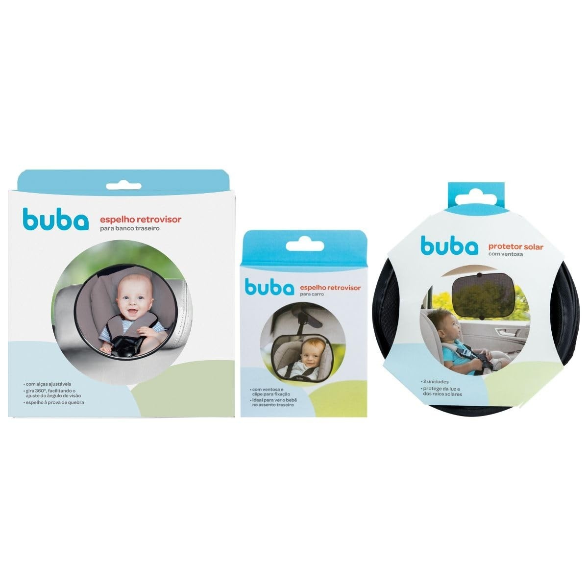 Kit Essencial Bebê: Espelho Retrovisor + Protetor Solar Buba para Segurança e Conforto no Carro