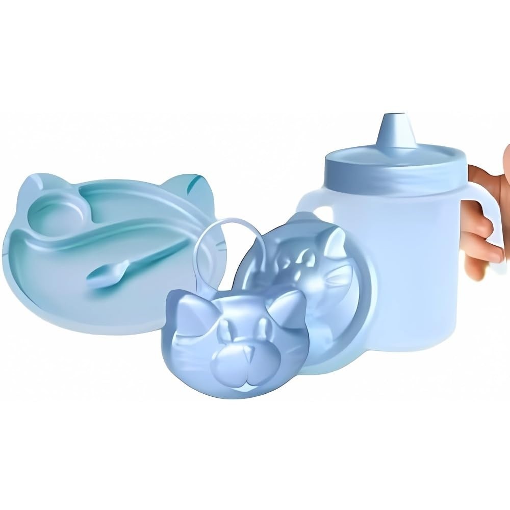 Kit 3 Peças Alimentação Bebê - Copo 350ml + Prato Divisórias + Porta Chupeta Azul Perolado