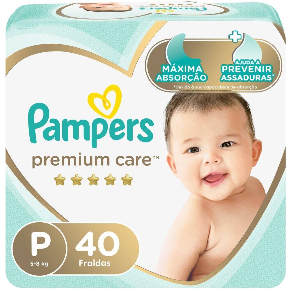 Fralda Pampers Premium Care Tamanho P - 40 Unidades | Proteção Suave e Absorvente para Bebês