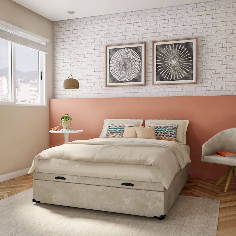 Base para Cama Box Casal Mabel com Baú Suede Bege – Armazenamento Inteligente e Estilo Moderno