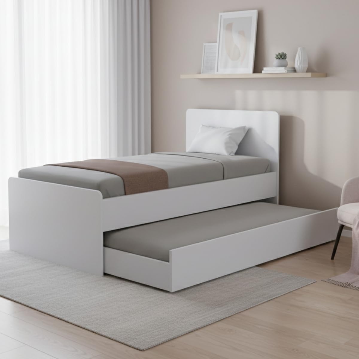 Cama Solteiro com Bicama Auxiliar Deslizante em MDF Premium - Design Moderno e Espaço Otimizado