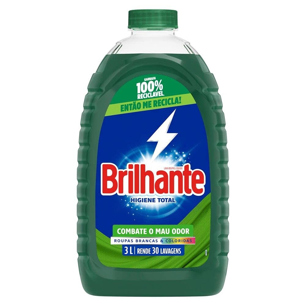 Brilhante Lava Roupas Líquido Higiene Total 3L - Limpeza Profunda com Enzimas e Bicarbonato