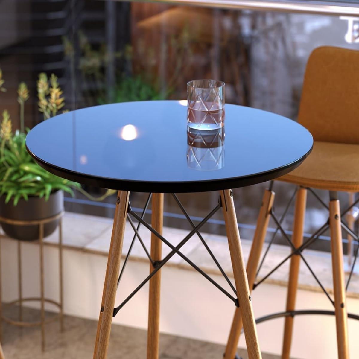 Mesa Alta Bistrô com Tampo de Vidro Temperado Redonda - Design Retrô Industrial para Varanda, Cozinha e Área Gourmet