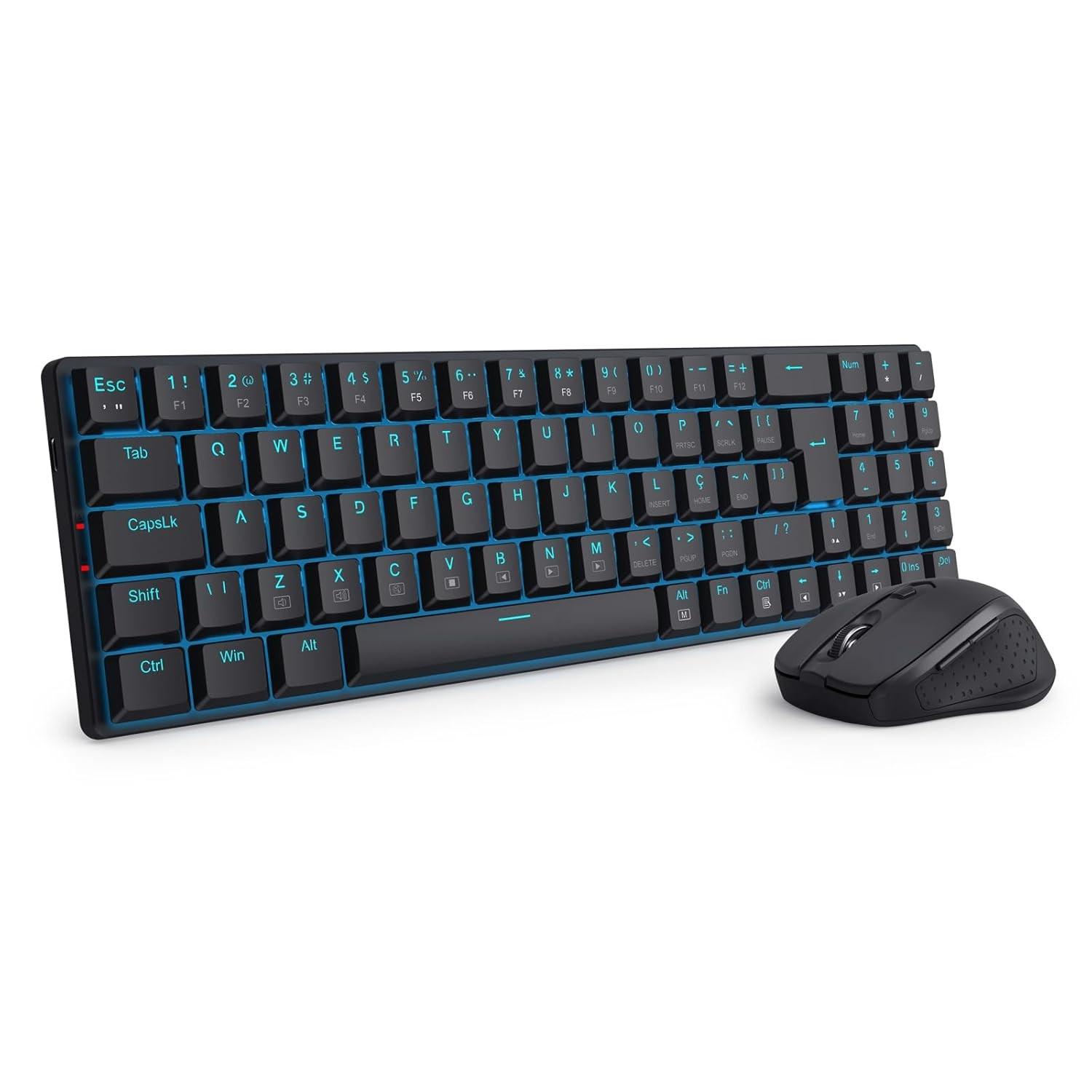 Kit Redragon Office BS-8772 BK: Teclado Mecânico Low Profile e Mouse Ergonômico Sem Fio com LED Azul