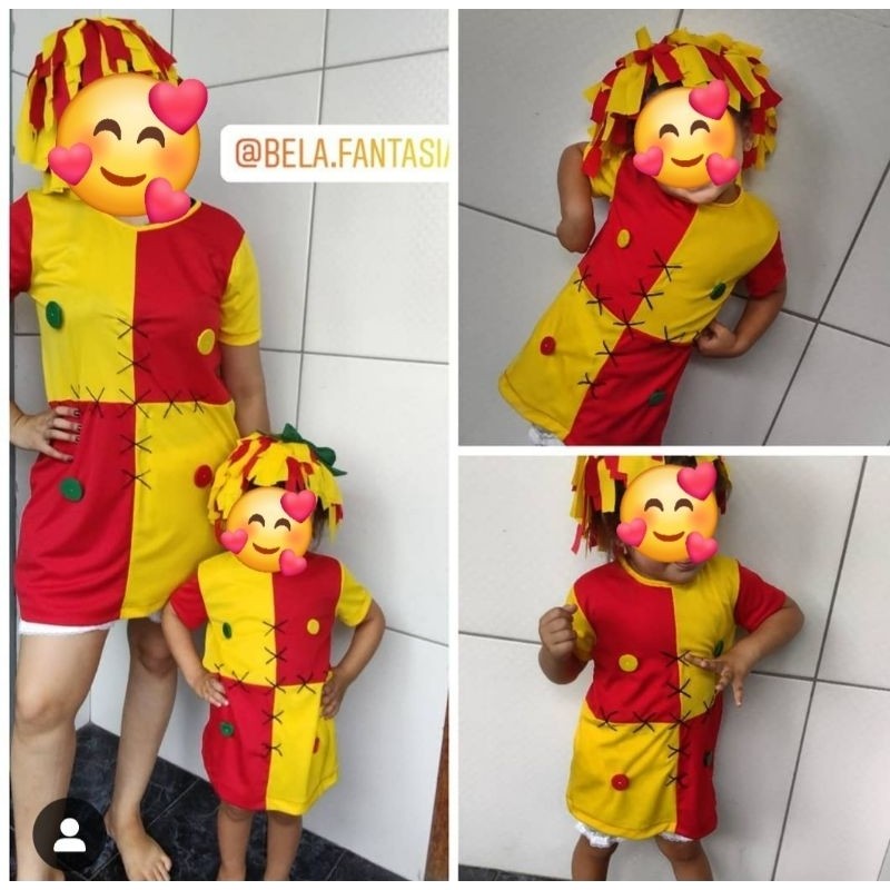 Vestido Emilia com peruca de tecido: a fantasia perfeita para brincar de boneca