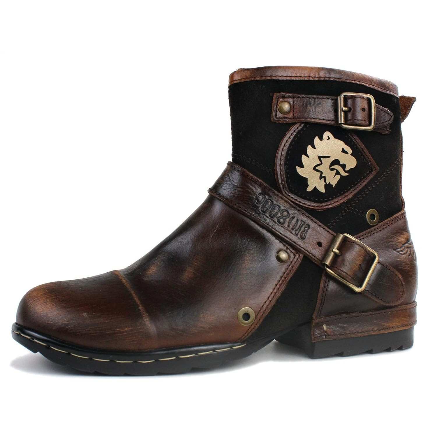 OSSTONE Botas de Moto masculinas modernas de couro com zíper Chukka OS-5008-1-BP-US-R marrom vintage