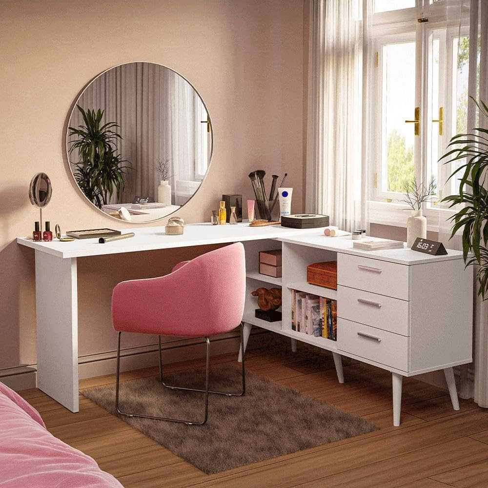 Escrivaninha Penteadeira de Canto com 3 Gavetas em Branco - Design Inteligente Madesa