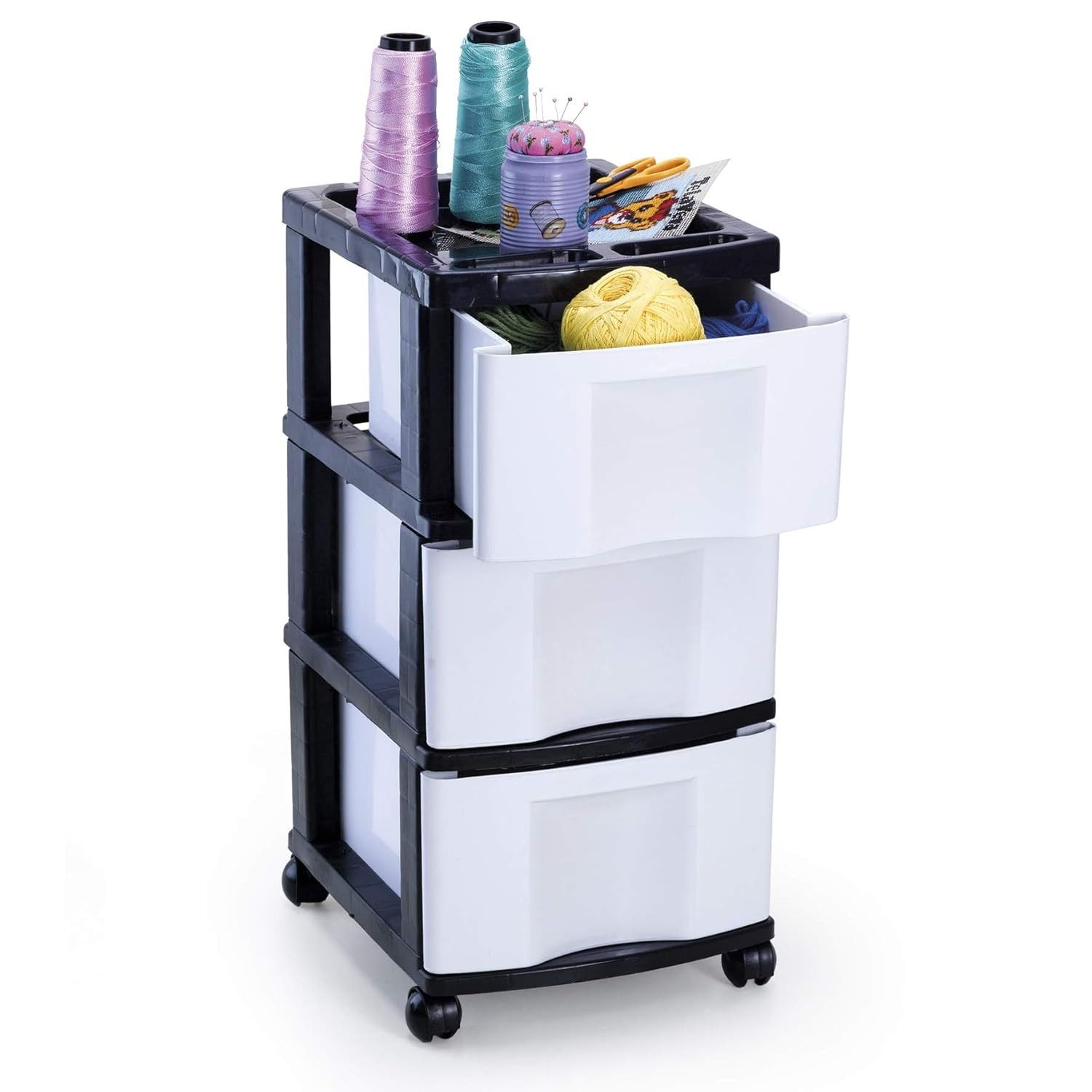 Gaveteiro Plástico 3 Gavetas com Rodízios - Branco e Preto | Organize com Estilo e Praticidade