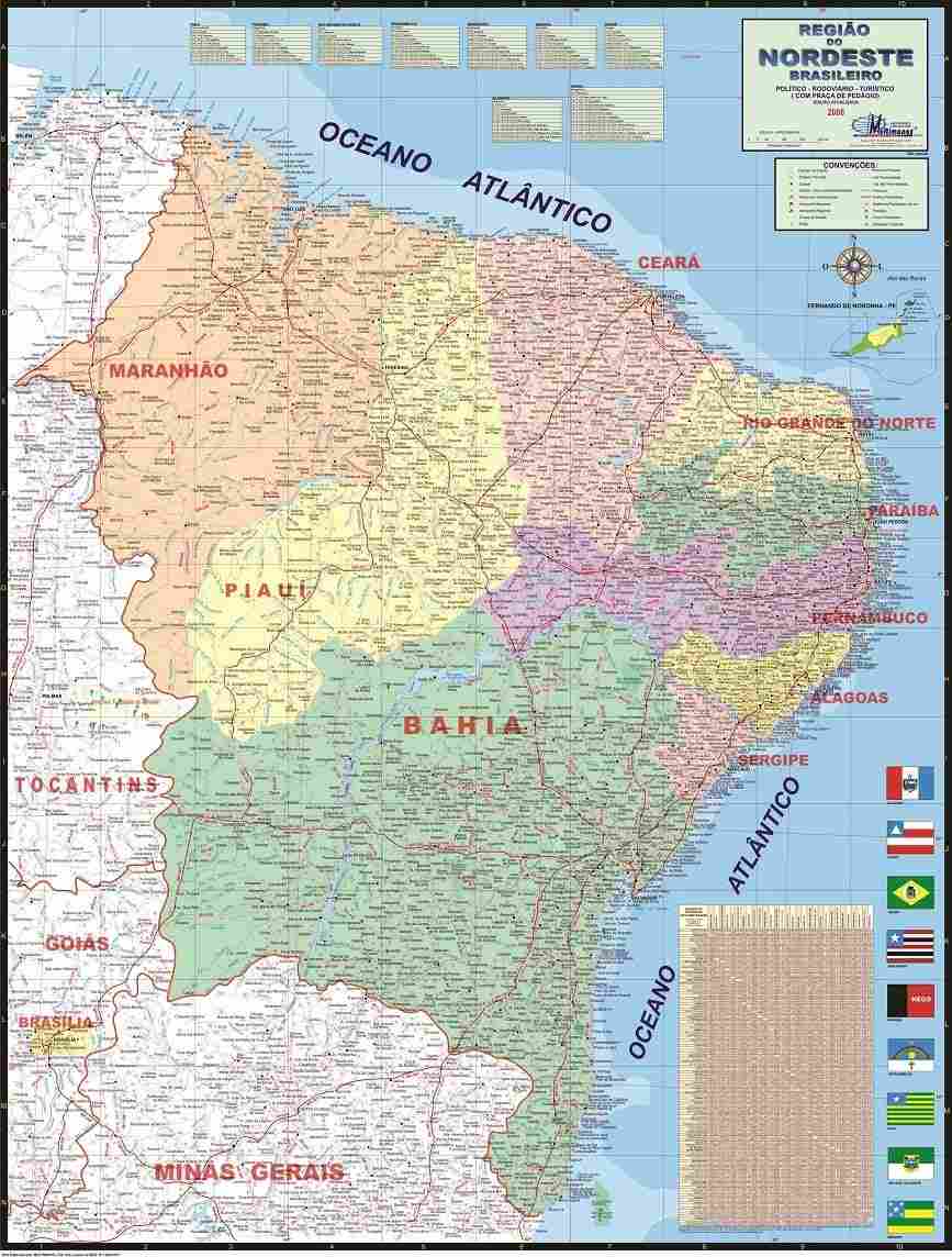 Mapa Político do Nordeste Brasileiro 89x117cm - Detalhado e Colorido