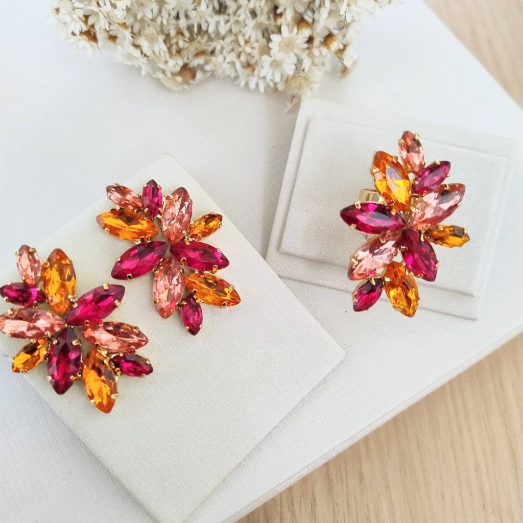 Brinco e Anel Turim: Rosa & Coral Radiantes ✨