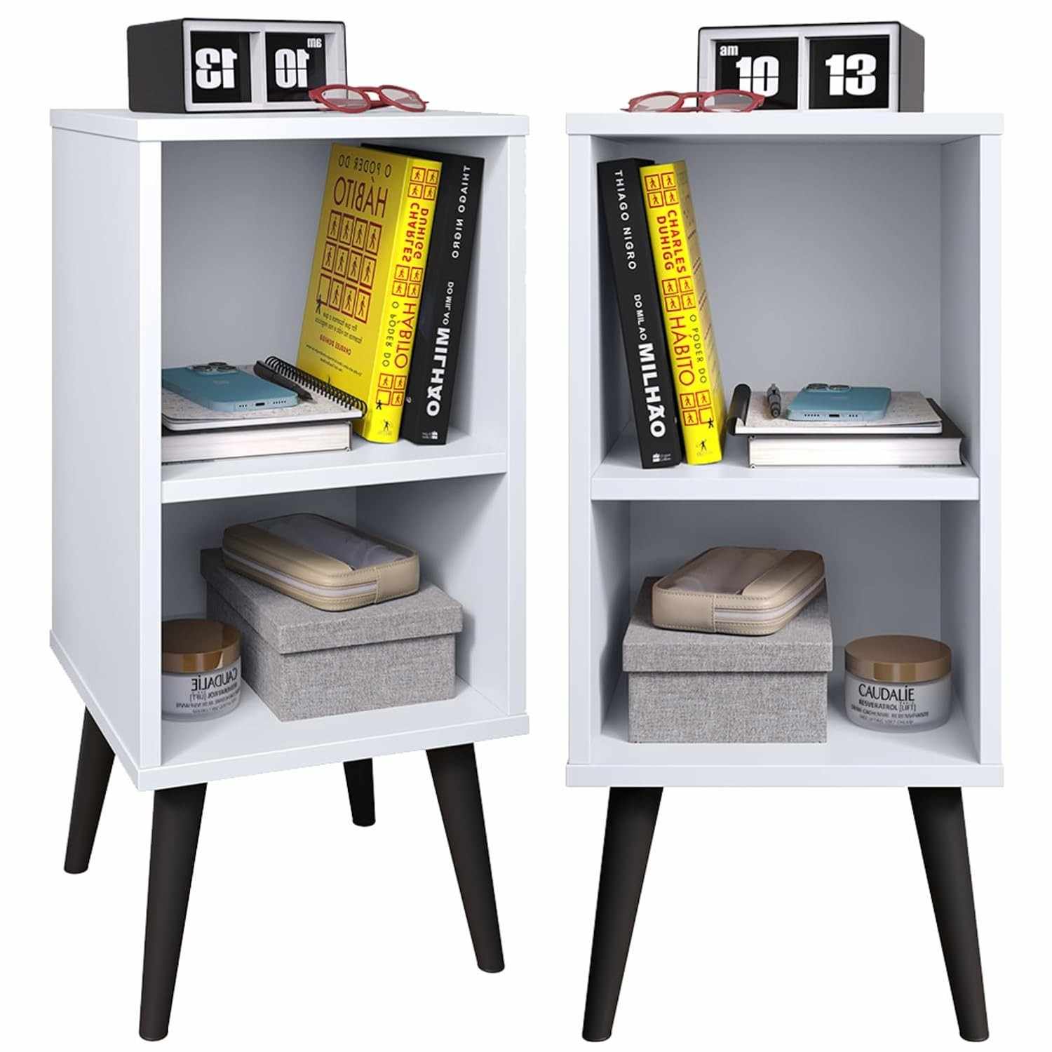 Kit com 2 Mesas de Cabeceira Retrô com Prateleira Charme - Design Elegante em Branco