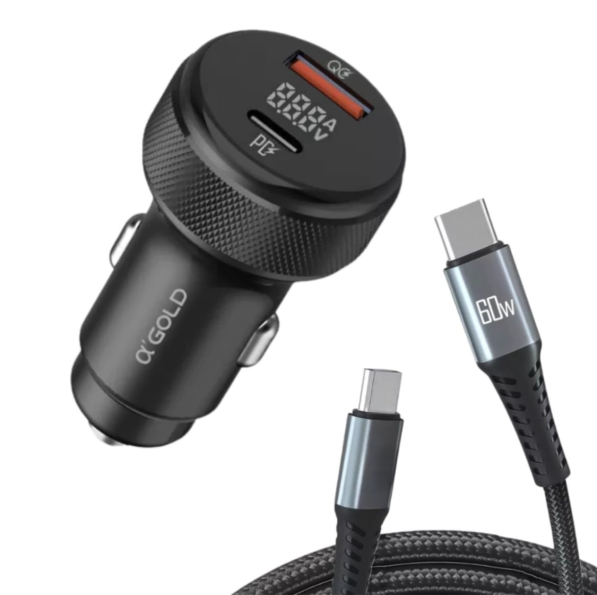 Carregador Veicular Turbo 60W Premium: 2 USB-C PD + USB-A QC com Cabo Incluso