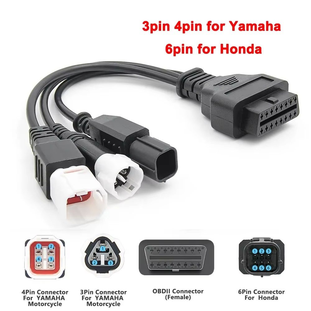 Cabo OBD Moto: Yamaha 3/4/6pin ➔ Honda 6pin ➔ OBD2 16pin