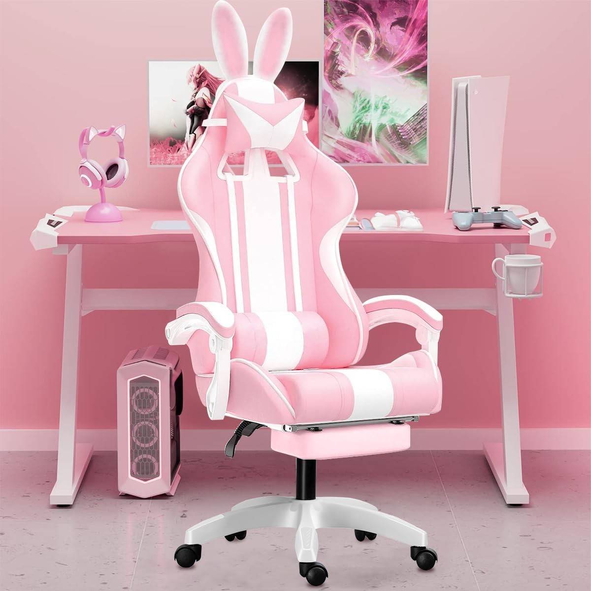 Cadeira Gamer Rosa com Orelhas de Coelho - Conforto Ergonômico e Design Fofinho para Jovens e Gamers