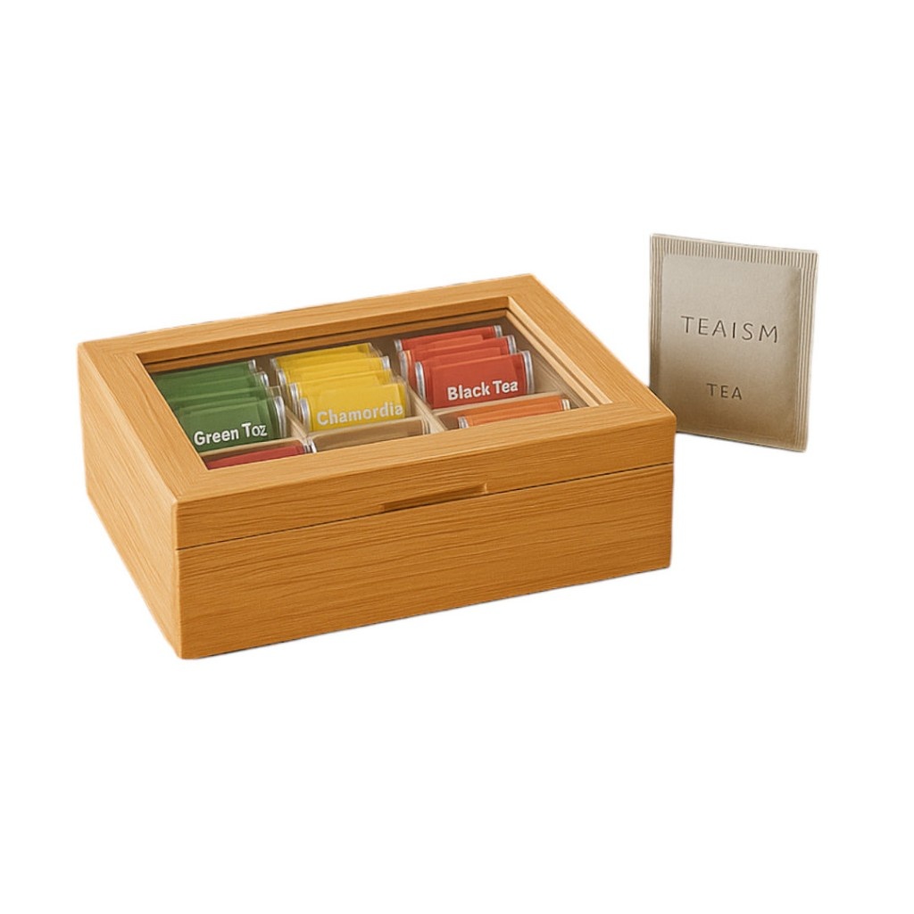 Caixa de Chá com Visor Acrílico e Divisórias de Bambu – Organize com Estilo!