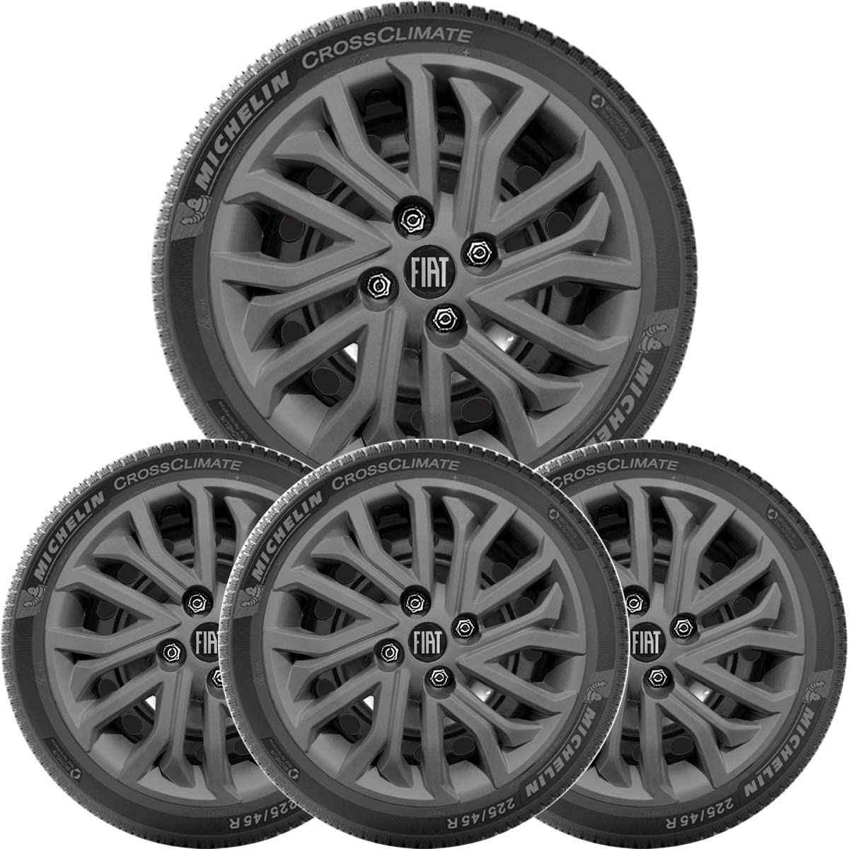 Kit 4 Calotas Aro 15 Grafite Fiat Mobi, Argo e Cronos - Design Esportivo e Logo 296cp