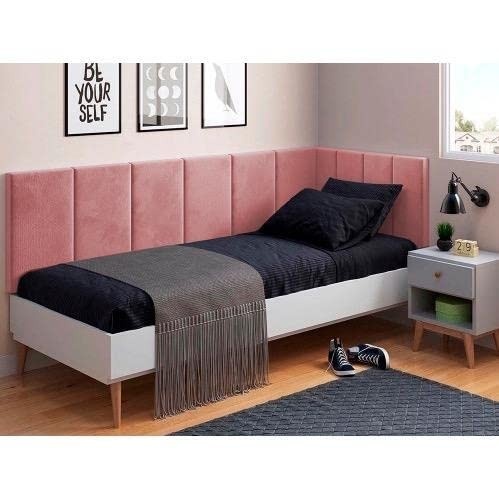 Cabeceira em L para Cama Solteiro com Proteção Lateral Estofada em Suede Premium