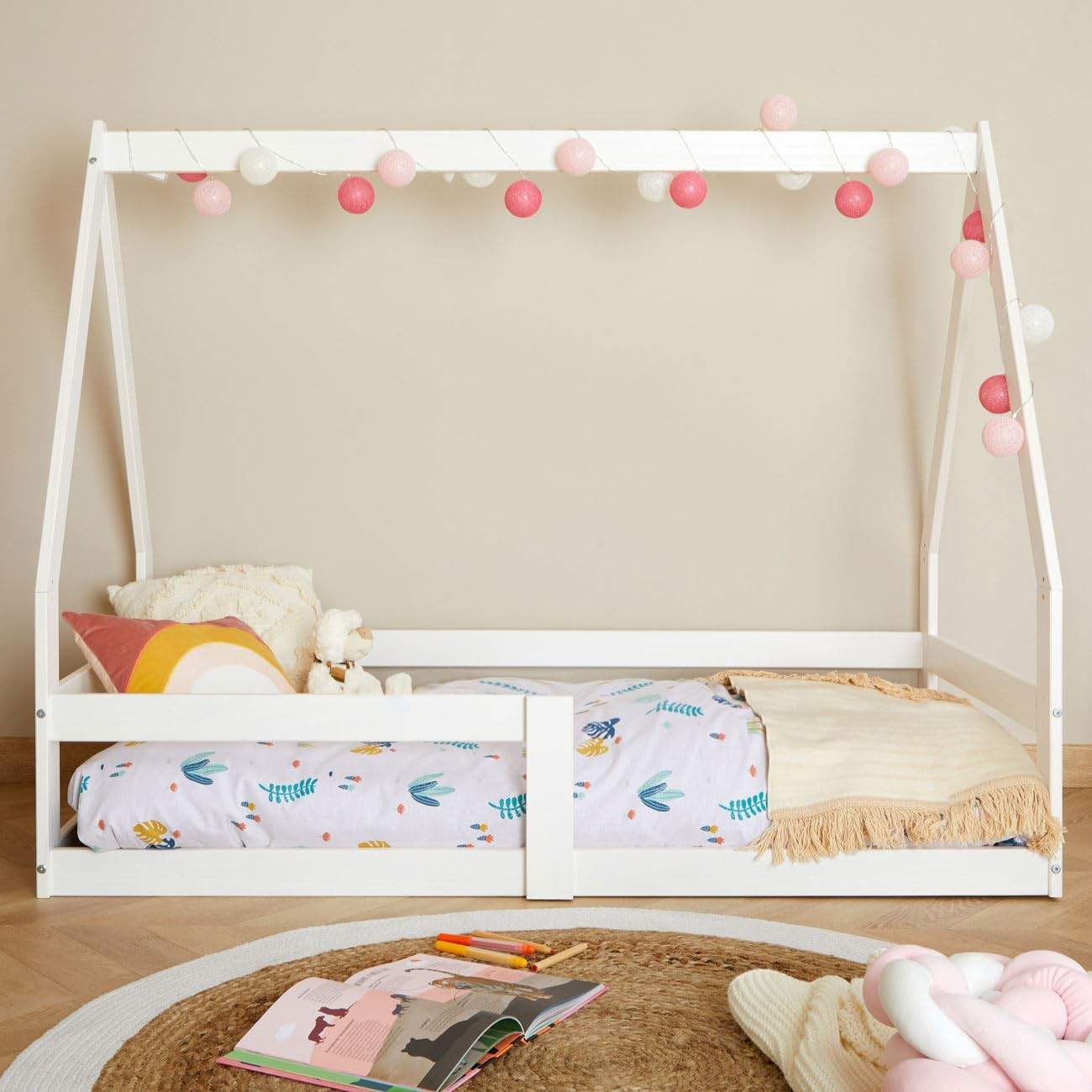 Mini Cama Infantil Montessori Casinha com Estrado Wilma - Branco Madeira