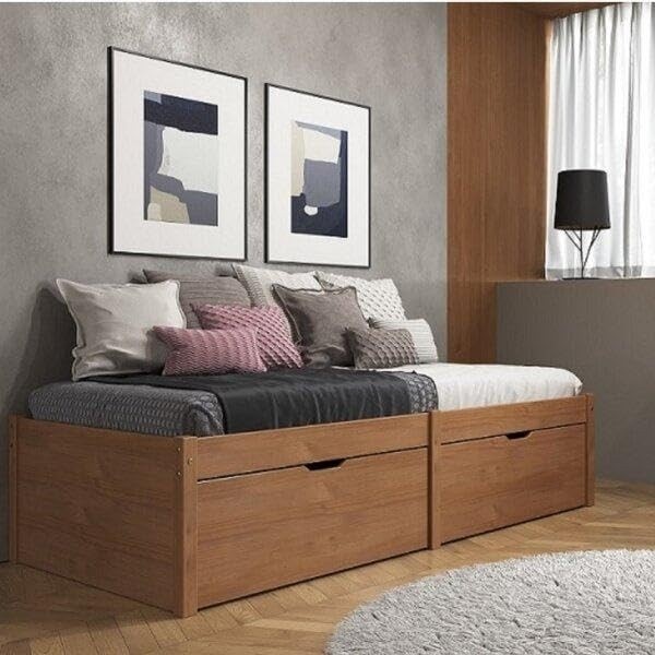 Cama Solteiro Beauty Inter Link com 2 Gavetas em Madeira Maciça Amêndoa